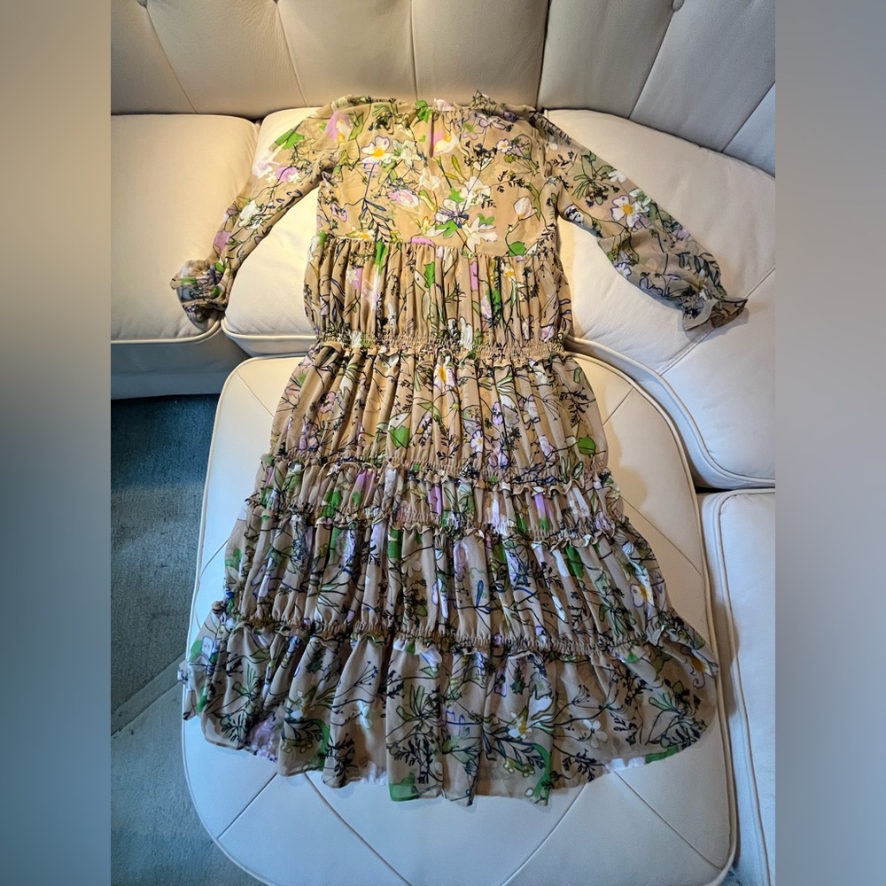 Halogen Floral Long Sleeve Dress in Beige and Green